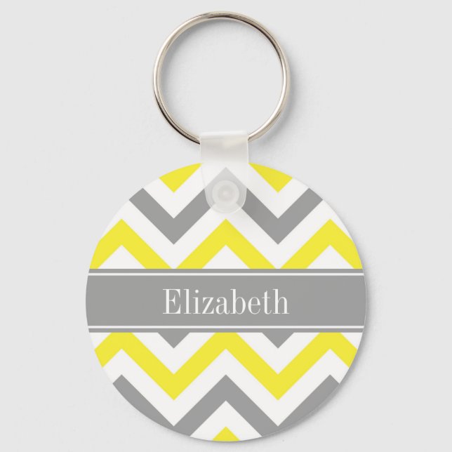 Yellow Dk Grey White LG Chevron Grey Name Monogram Key Ring (Front)
