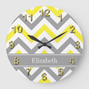 Yellow Dk Grey White LG Chevron Grey Name Monogram Large Clock