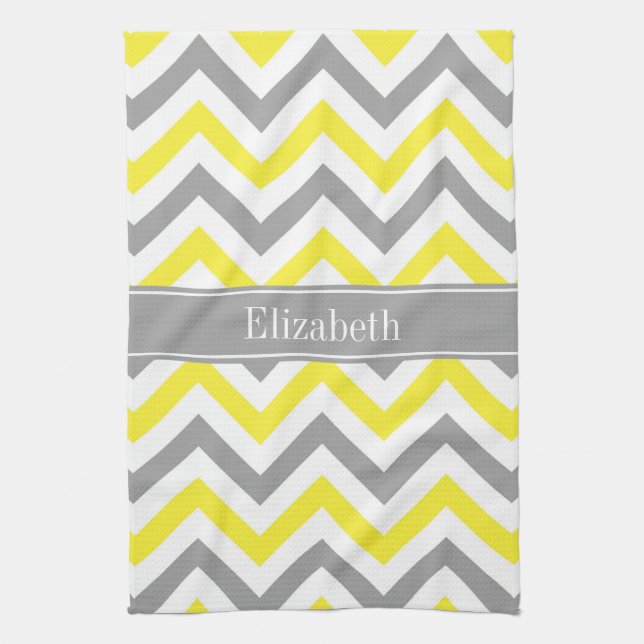 Yellow Dk Grey White LG Chevron Grey Name Monogram Tea Towel (Vertical)