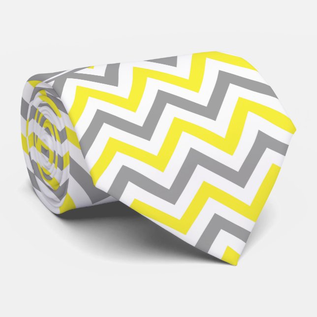 Yellow Dk Grey White LG Chevron Grey Name Monogram Tie (Rolled)