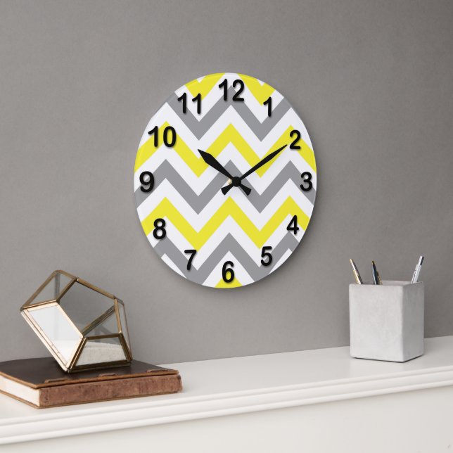 Yellow, Dk Grey Wht Large Chevron ZigZag Pattern Clock (Office)
