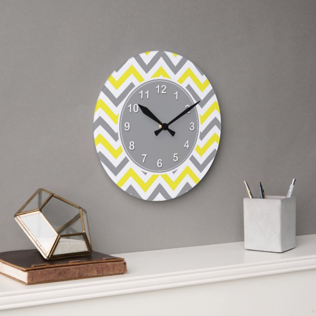 Yellow, Dk Grey Wht Large Chevron ZigZag Pattern Large Clock (Office)