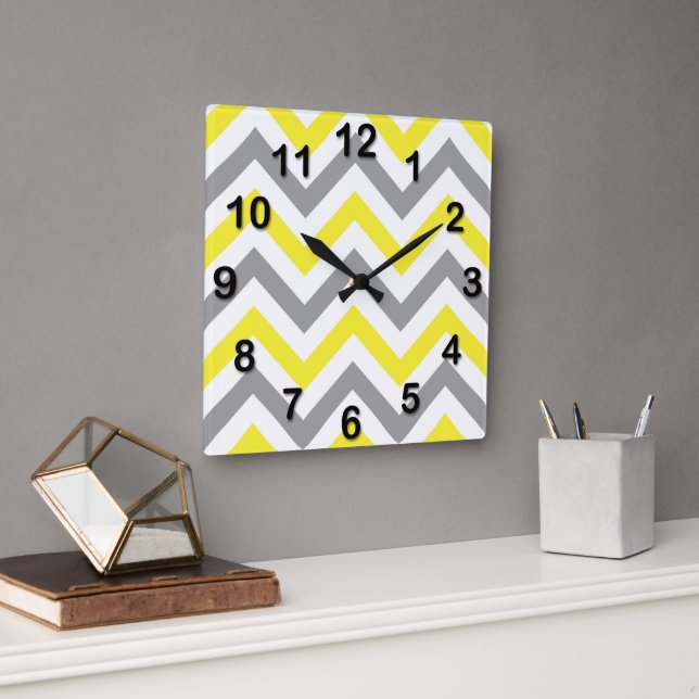 Yellow, Dk Grey Wht Large Chevron ZigZag Pattern Square Wall Clock (Office)