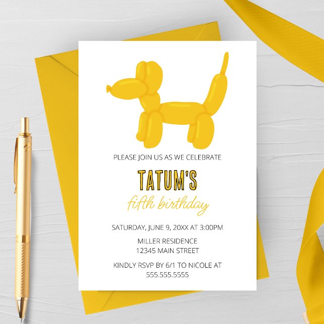 Yellow Dog Balloon Animal Birthday Party Invitation (Creator Uploaded)