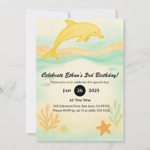 Yellow Dolphin Coral Beach Illustration Birthday  Invitation