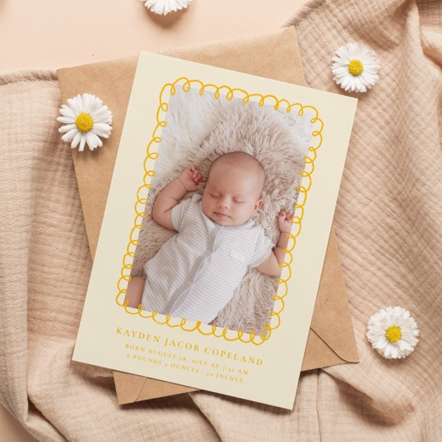 Yellow Doodle Frame Birth Announcement Photo (Creator Uploaded)