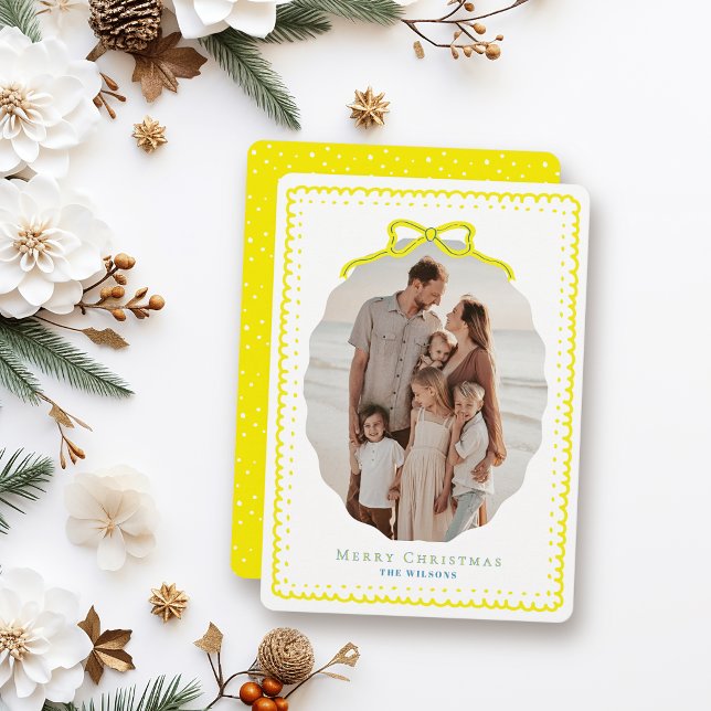 Yellow Doodle Frames & Bow Photo Christmas Holiday Card (Creator Uploaded)