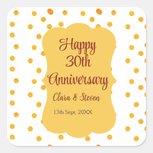 yellow dots glitter happy 30th anniversary wedding square sticker
