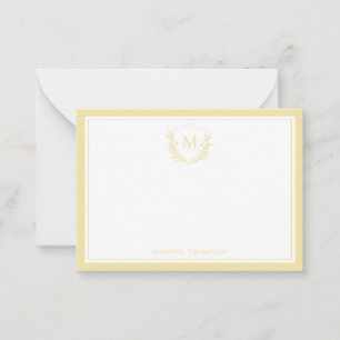 Yellow Double Border Floral Crest Classic Monogram Card