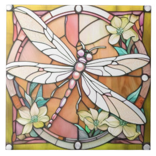 Yellow Dragonfly Art Nouveau Deco Stained Glass Tile