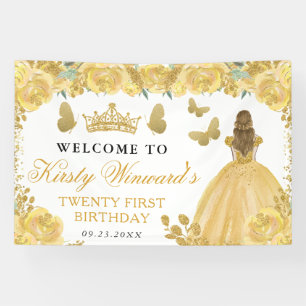 Yellow Dress Blonde Princess Floral Birthday Banner