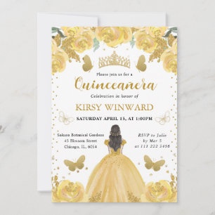 Yellow Dress Brunette Hair Princess Quinceanera Invitation
