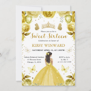 Yellow Dress Brunette Princess Sweet 16 Invitation