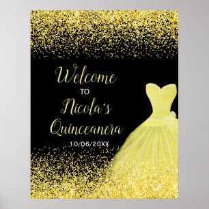 Yellow Dress Faux Glitter Quinceanera Welcome Poster