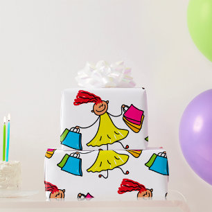 Yellow Dress Happy Girl Shopping Wrapping Paper