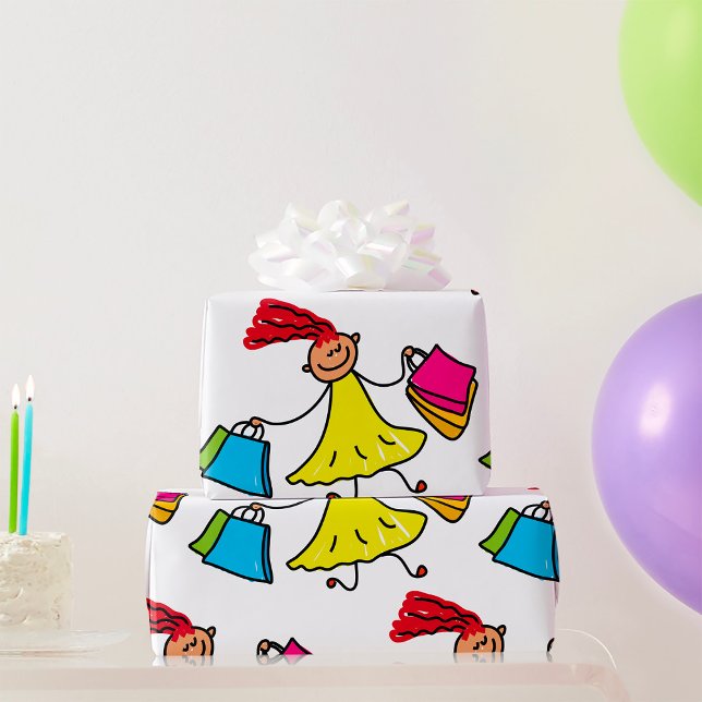 Yellow Dress Happy Girl Shopping Wrapping Paper (Creator Uploaded)
