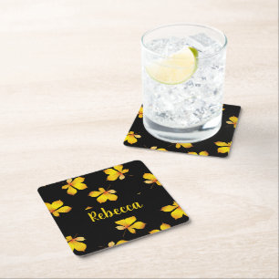 Yellow dry leaves custom name black square paper coaster