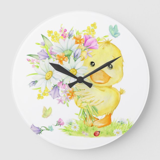 Yellow Duck And Bouquet Large Clock (Front)