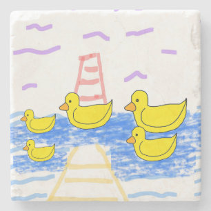 Yellow Duck Family Red Lighthouse Yellow Pier Stone Coaster