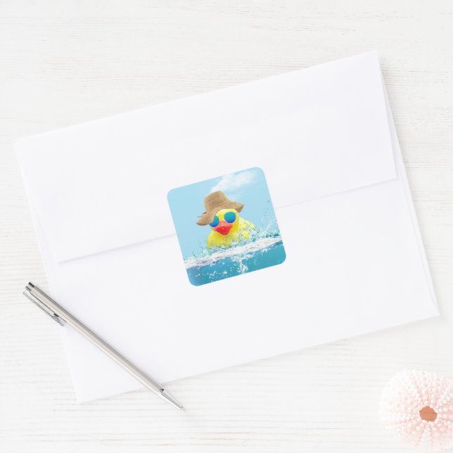 Yellow Duck with Sunglasses In Water Square Sticker (Envelope)
