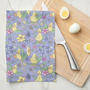 Yellow Ducklings Colourful Flowers Purple Spring Tea Towel