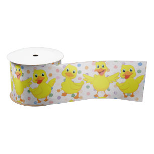 Yellow Ducks on Polka Dots Satin Ribbon