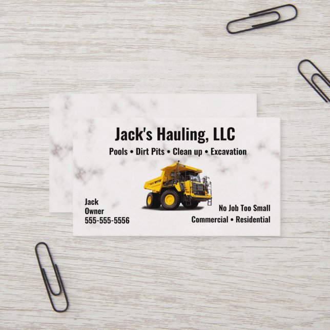 Yellow Dump Truck Business Card (Front/Back In Situ)