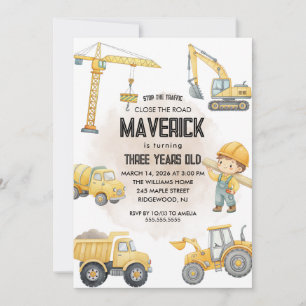 Yellow Dump Truck Construction Boy Birthday Party  Invitation