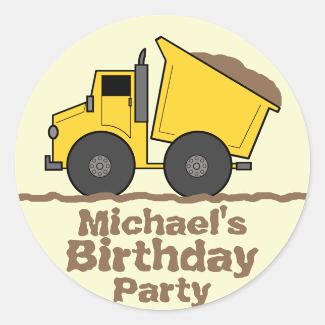 Yellow Dump Truck & Mud Birthday Party Sticker (Front)