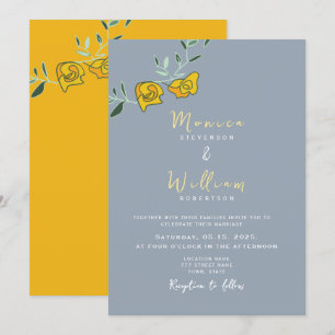 Yellow Dusty Blue Floral Wedding Invitation
