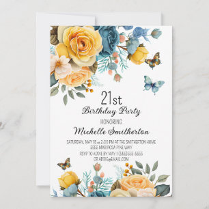 Yellow Dusty Blue Roses Butterflies 21st Birthday Invitation
