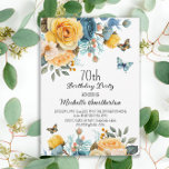 Yellow Dusty Blue Roses Butterflies 70th Birthday Invitation<br><div class="desc">70th birthday party invitation with beautiful yellow and dusty blue roses with cream-coloured floral and butterflies. These invitations can be customised for anyone of any age. Contact me for assistance with your customisations or to request additional matching or coordinating Zazzle products for your celebration.</div>