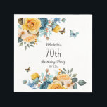 Yellow Dusty Blue Roses Butterflies 70th Birthday Napkin<br><div class="desc">70th birthday party paper napkins with beautiful yellow and dusty blue roses and cream-coloured floral and butterflies. These napkins can be customised for anyone of any age. Contact me for assistance with your customisations or to request additional matching or coordinating Zazzle products for your celebration.</div>