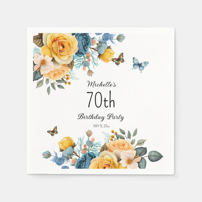 Yellow Dusty Blue Roses Butterflies 70th Birthday Napkin (Front)