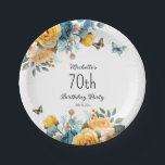 Yellow Dusty Blue Roses Butterflies 70th Birthday Paper Plate<br><div class="desc">70th birthday party paper plates with beautiful yellow and dusty blue roses and cream-coloured floral and butterflies. These plates can be customised for anyone of any age. Contact me for assistance with your customisations or to request additional matching or coordinating Zazzle products for your celebration.</div>