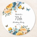 Yellow Dusty Blue Roses Butterflies 70th Birthday Round Paper Coaster<br><div class="desc">70th birthday party coasters with beautiful yellow and dusty blue roses and cream-coloured floral and butterflies. These coasters can be customised for anyone of any age. Contact me for assistance with your customisations or to request additional matching or coordinating Zazzle products for your celebration.</div>