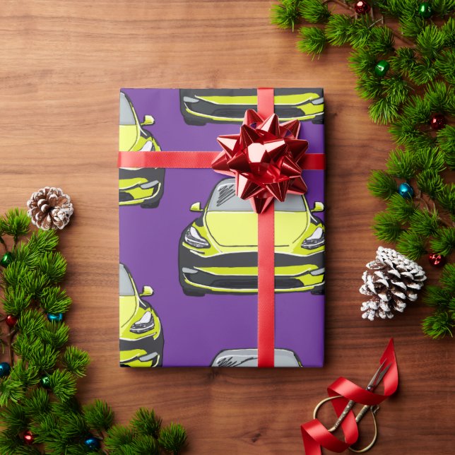 Yellow Electric Vehicle SUV Car Purple Background Wrapping Paper (Holiday Gift)