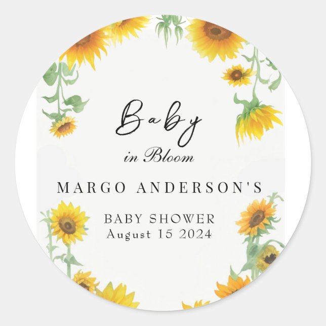 Yellow Elegant Sunflower Sunny Baby Shower Classic Round Sticker (Front)