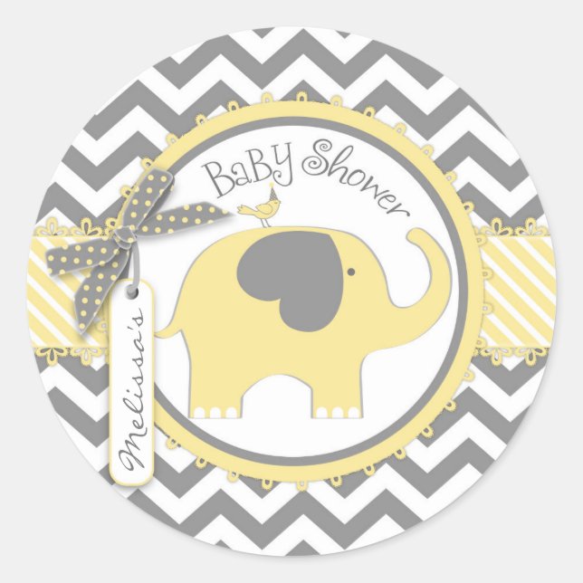 Yellow Elephant and Chevron Print Baby Shower Classic Round Sticker (Front)