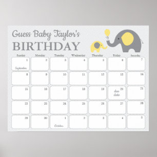 Yellow Elephant Baby Birthday Prediction Calendar Poster