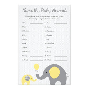 Yellow Elephant Baby Shower Baby Animal Name Game Flyer