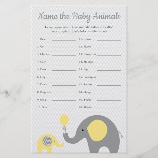 Yellow Elephant Baby Shower Baby Animal Name Game Flyer (Front)