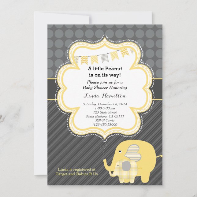 Yellow Elephant Baby Shower Invitation (Front)
