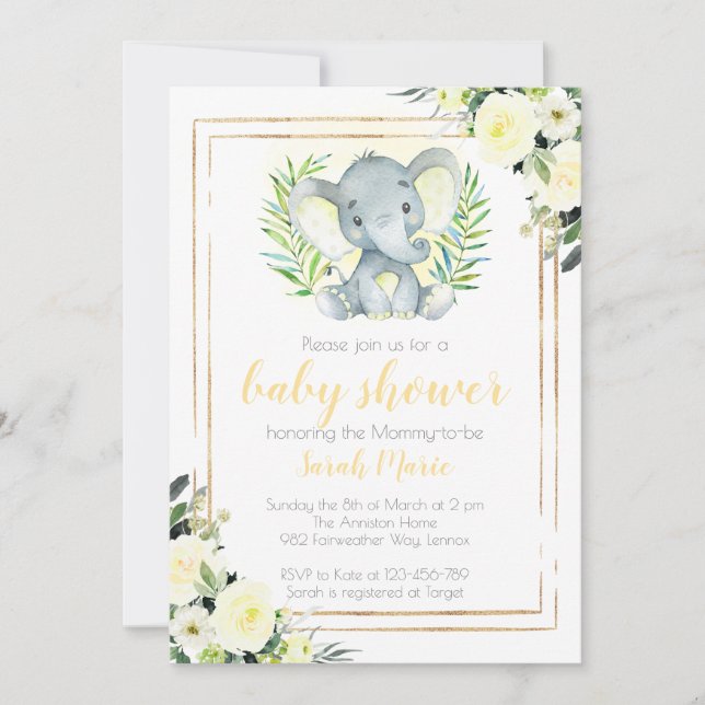 Yellow Elephant Baby Shower Invitation (Front)