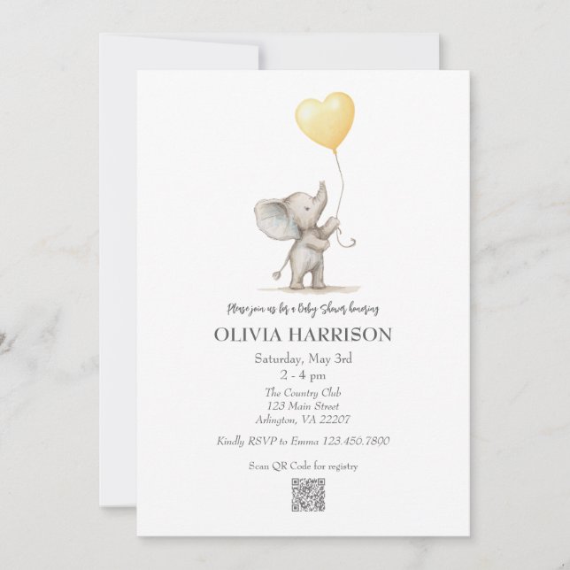 Yellow Elephant Balloon Baby Shower Invitation (Front)