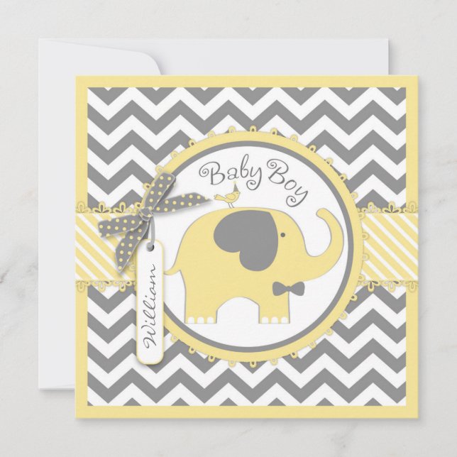 Yellow Elephant Bow-tie Chevron Print Baby Shower Invitation (Front)