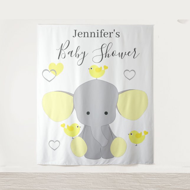 Yellow Elephant Boy Girl Baby Shower Backdrop Tapestry (Front)