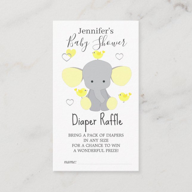 Yellow Elephant Boy Girl Baby Shower Diaper Raffle Enclosure Card (Front)