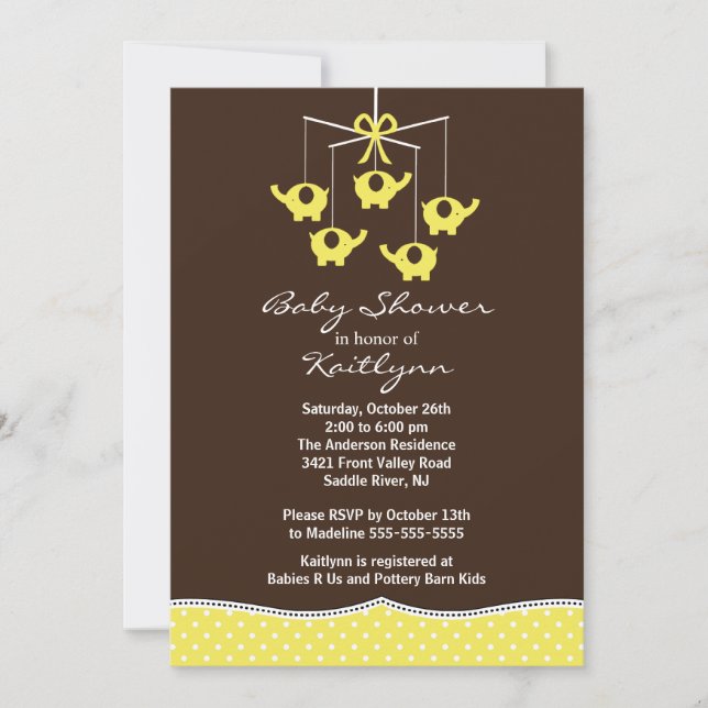 Yellow Elephant Mobile Baby Shower Invitation (Front)