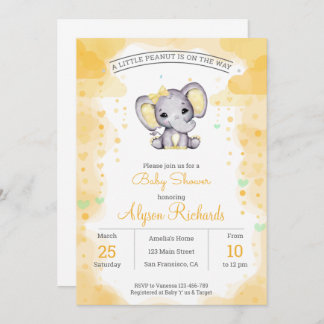 Yellow elephant Watercolor Baby Shower Invitation